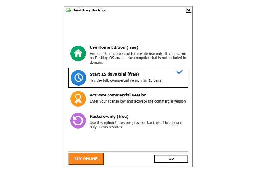 Cloudberry Backup Version wählen