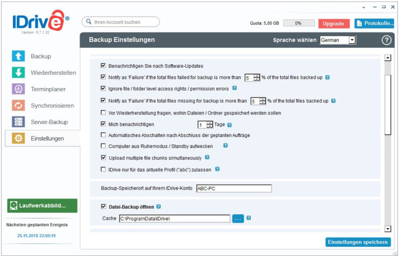 iDrive Backup Einstellungen