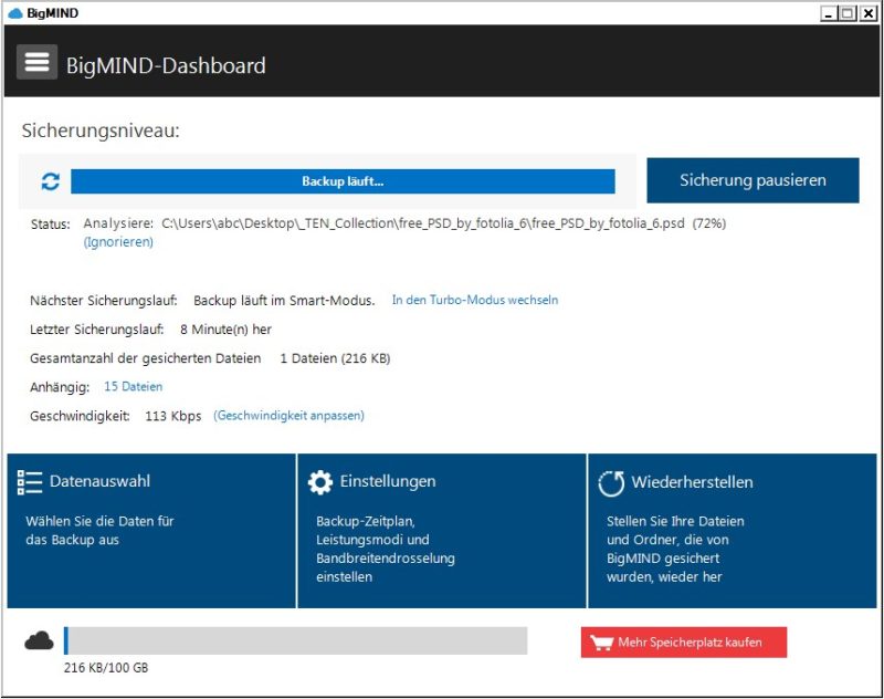 Bigmind Backup Benutzeroberfläche