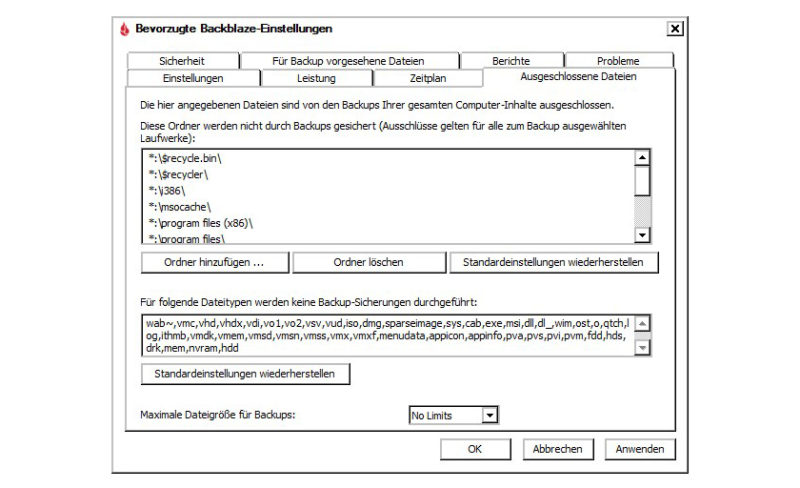 Backblaze Einstellungen